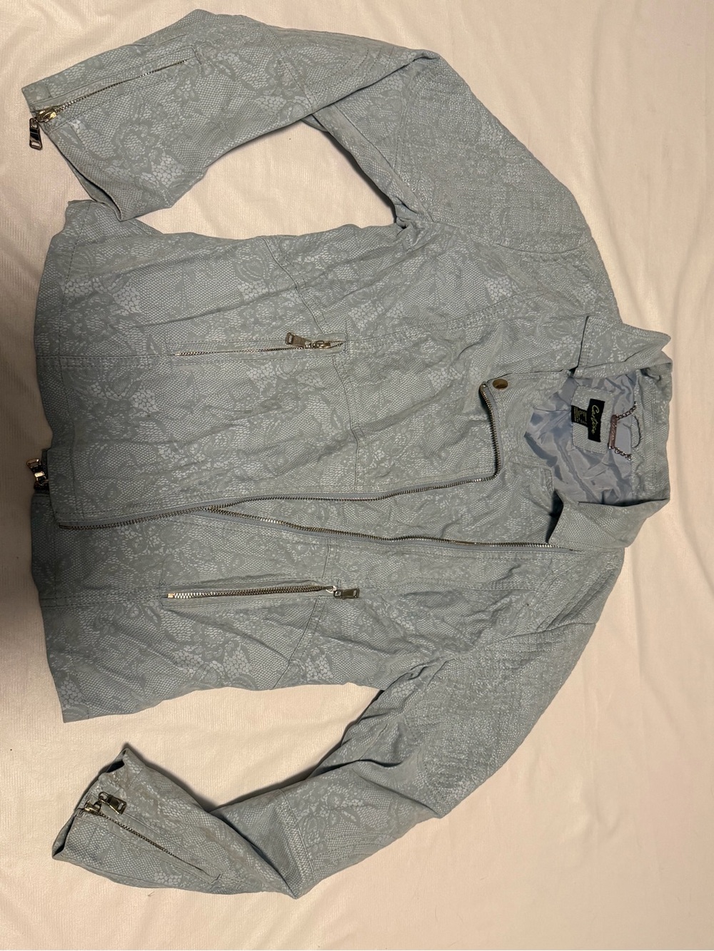 Women's Light Blue Lace-Texture Moto Jacket